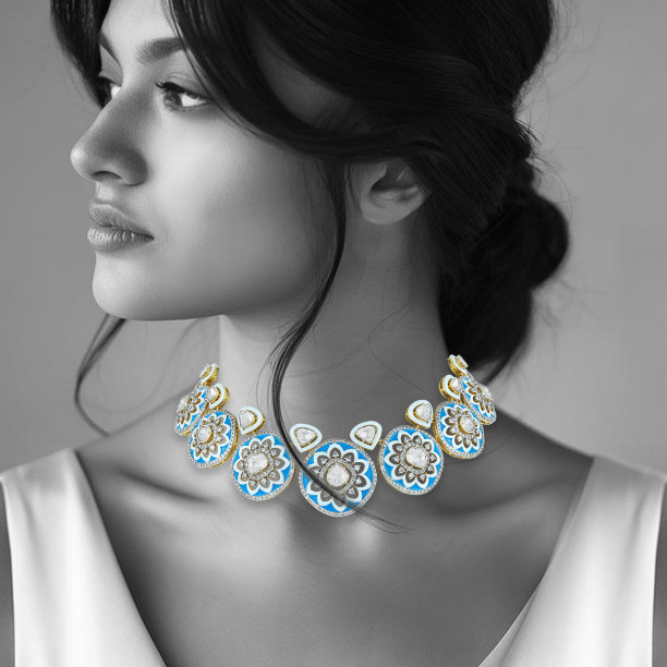 Blue Enamel Polki Necklace with Flower Motifs & Diamond Halos